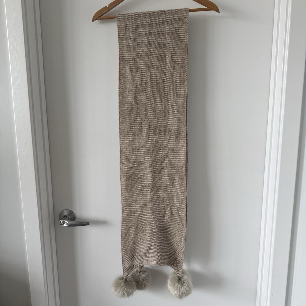 RH WOMENS‎ CASHMERE WOOL Wrap LONG Winter SCARF FUR Poms Oatmeal Color 30"x80"